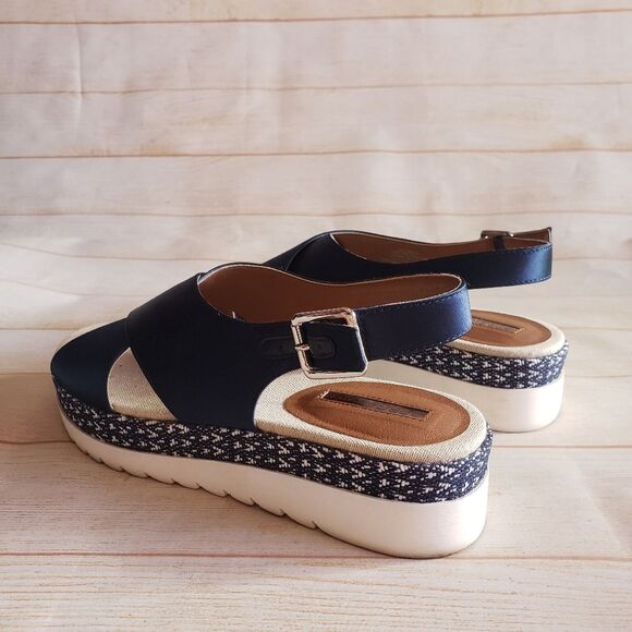 BCBGENERATION Xavier Satin Platform Cross Slingback Sandals Navy Size 8/38 - Picture 6 of 16